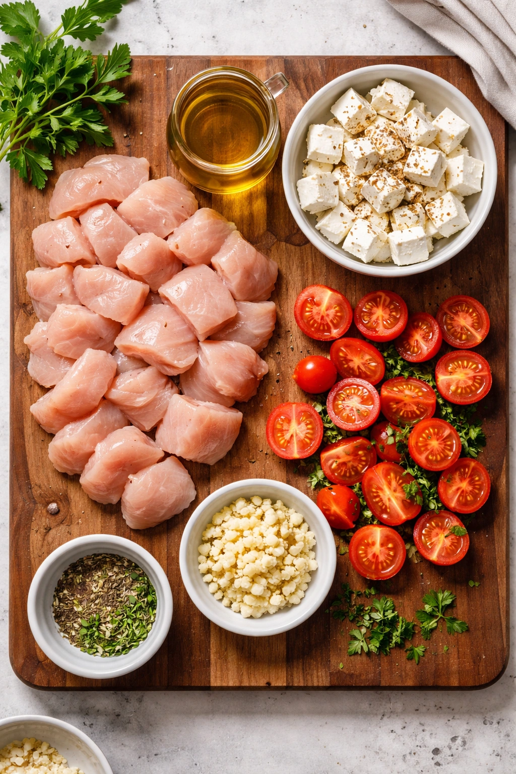 Prepped ingredients for baked feta chicken on a cutting board
