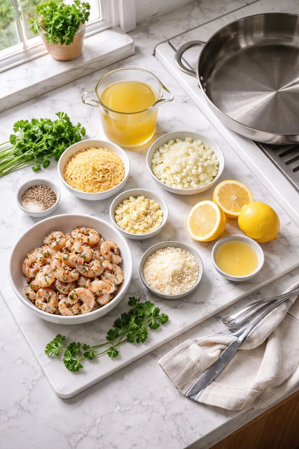 Mise en place setup with utensils and ingredients laid out