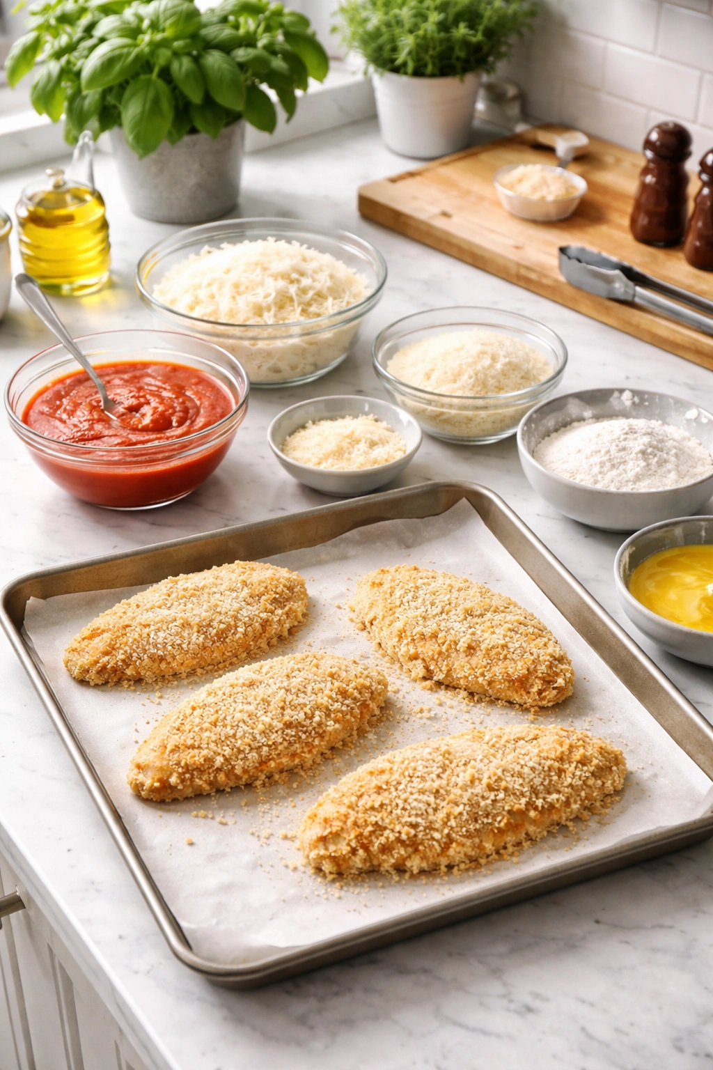 Well-organized mise en place for quick chicken parmesan