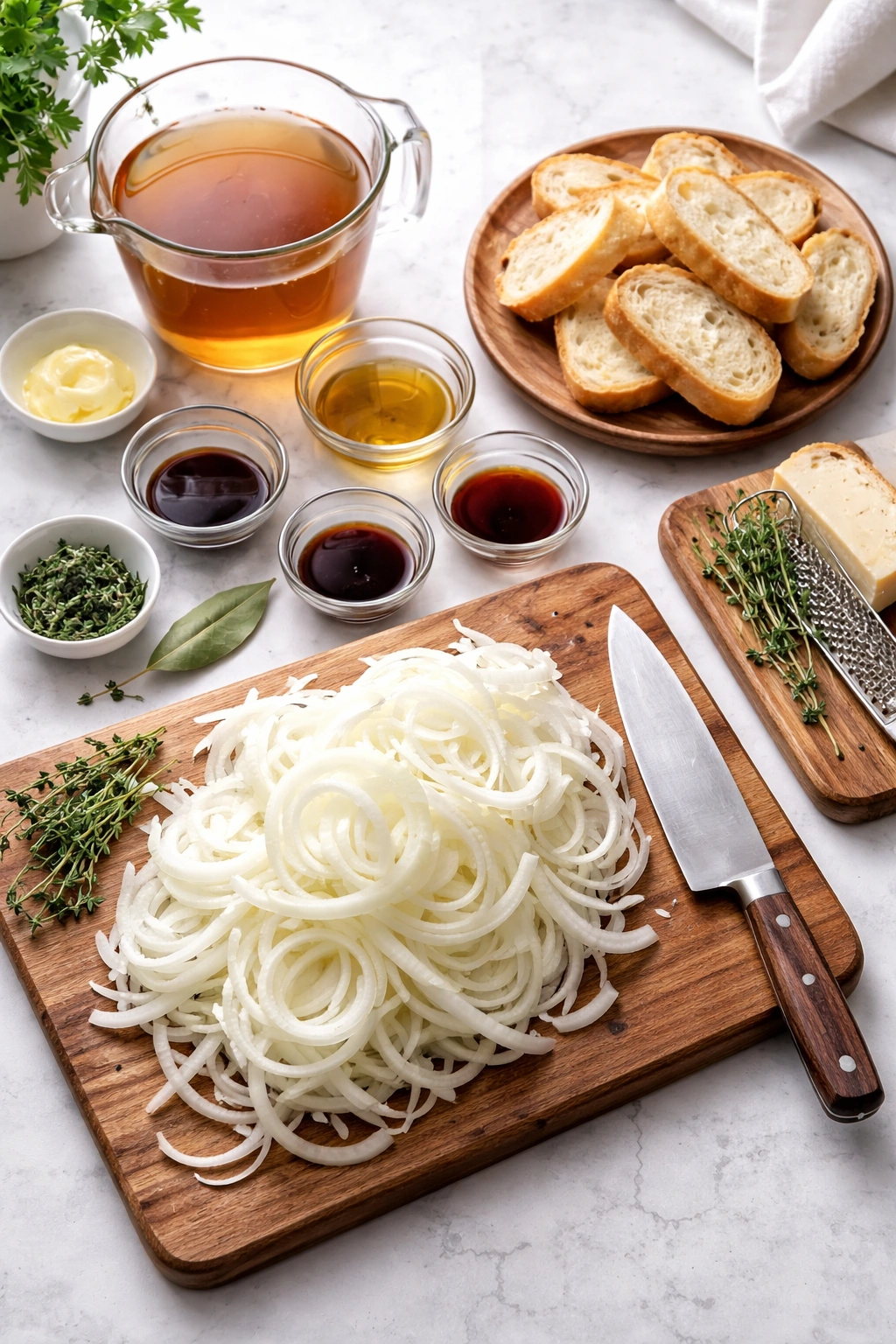 Organized mise en place for French onion soup with sliced onions and measured ingredients