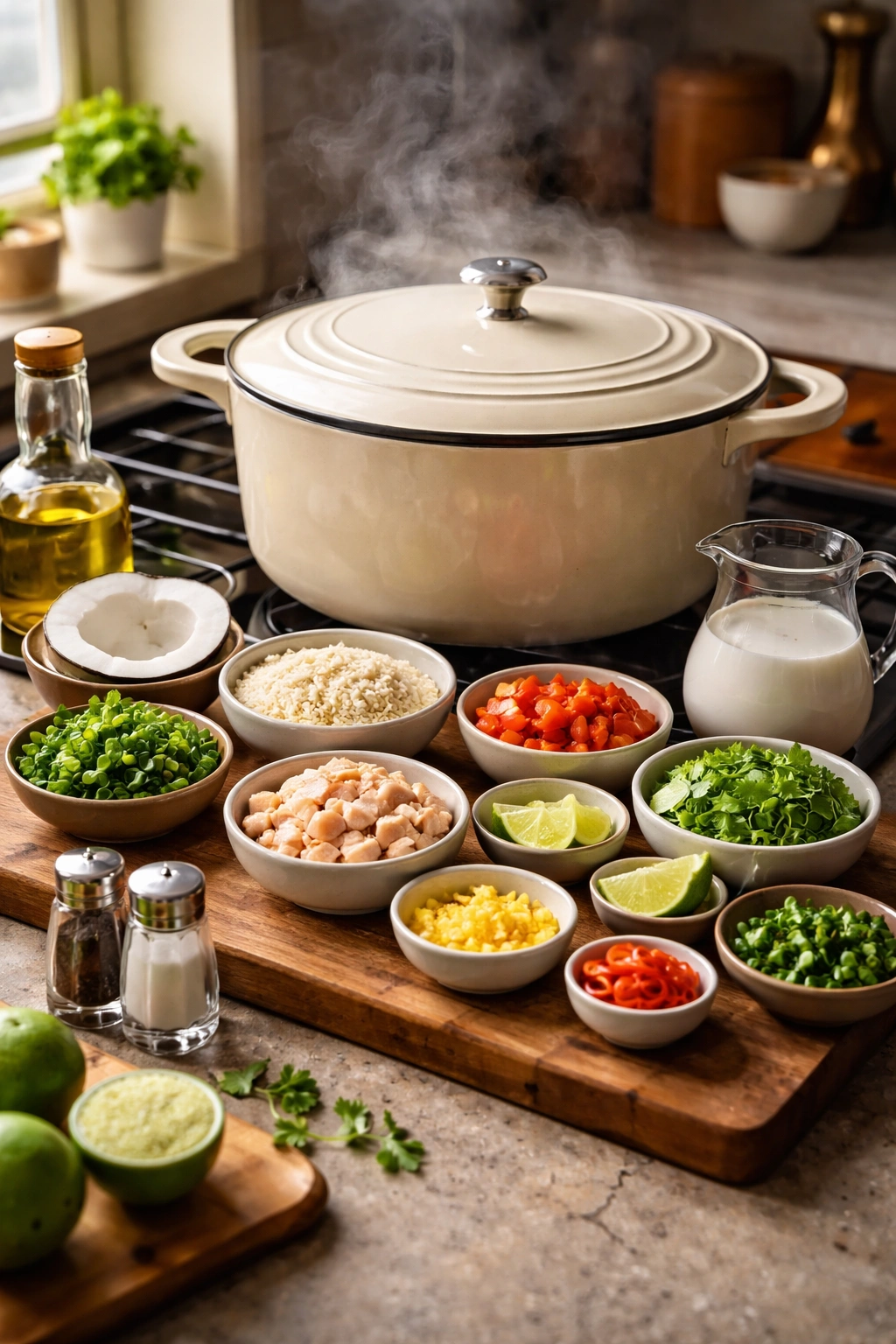 Organized mise en place around a closed Dutch oven with neatly prepped ingredients on the counter