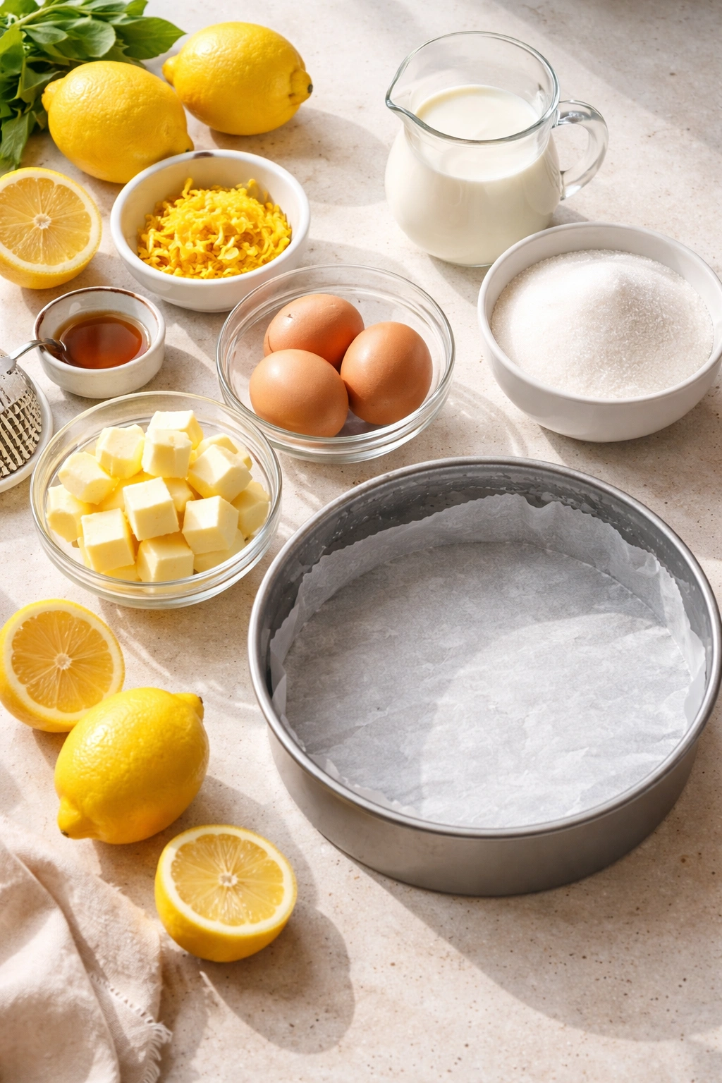 Mise en place setup with butter, eggs, zest, lemons, and a greased parchment-lined pan