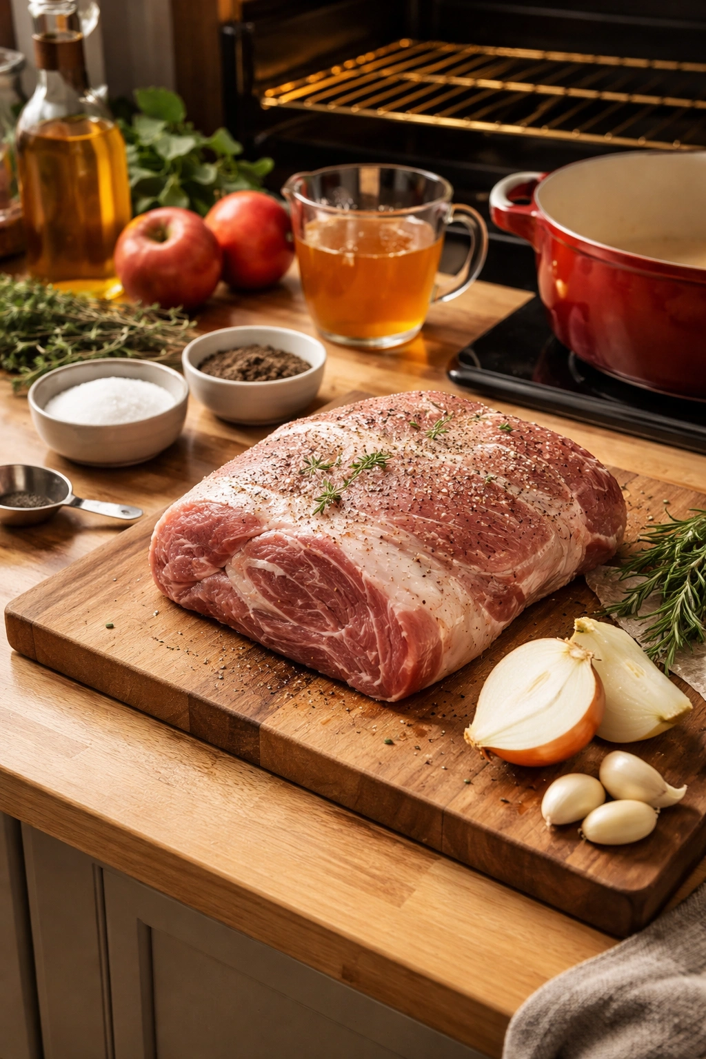 Raw pork shoulder with salt and pepper on a cutting board, mise en place for braising in warm kitchen setting.