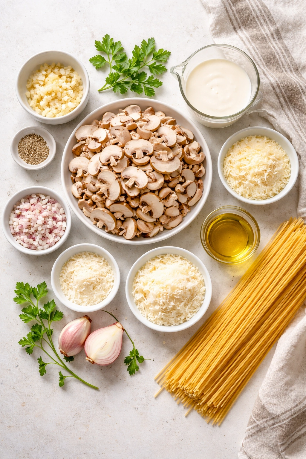 Mise en place with prepped ingredients for pasta dish