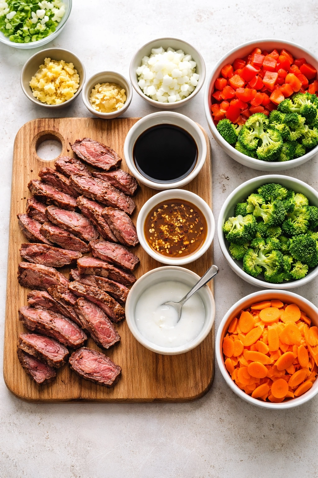 Mise en place of steak and vegetables prepared for stir-fry