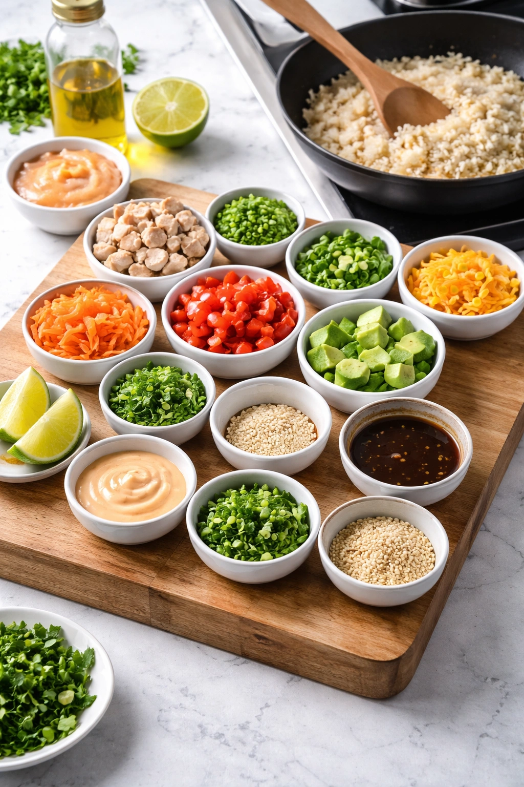 Mise en place with prepped toppings and rice heating in a pan.