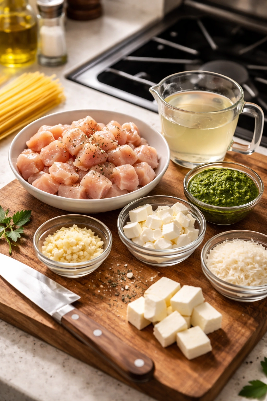 Mise en place setup with chicken, minced garlic, cream cheese, and pasta water near stove in a home kitchen.