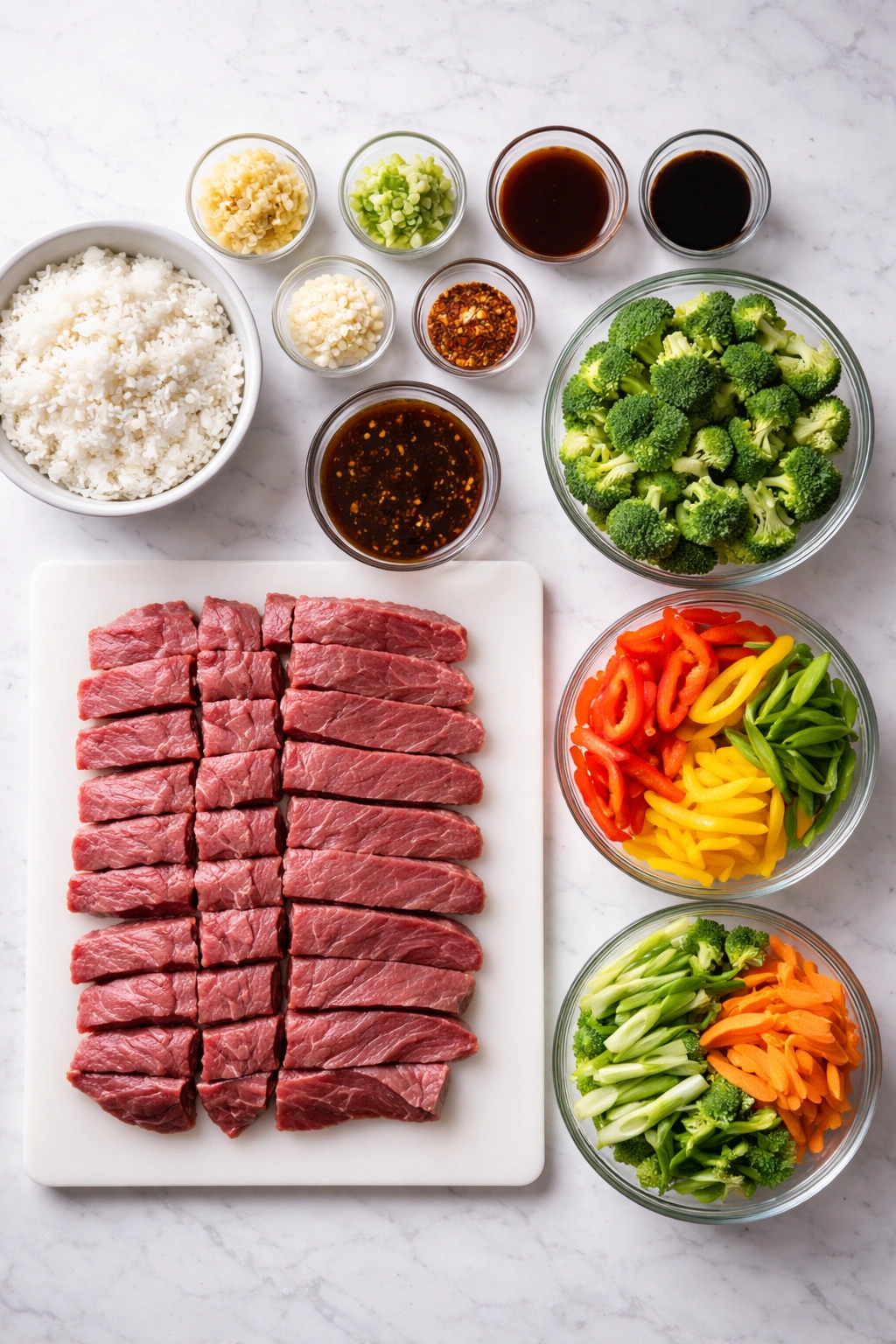 Organized prep station with sliced steak and prepped vegetables