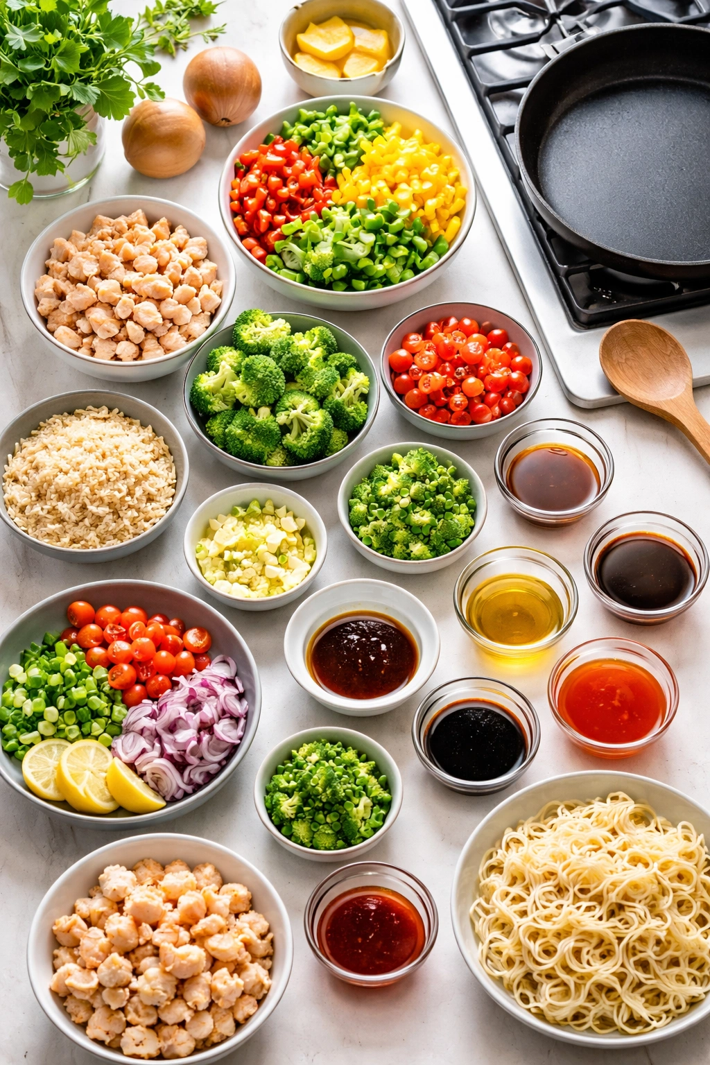 Neatly organized mise en place with prepped ingredients ready to cook.