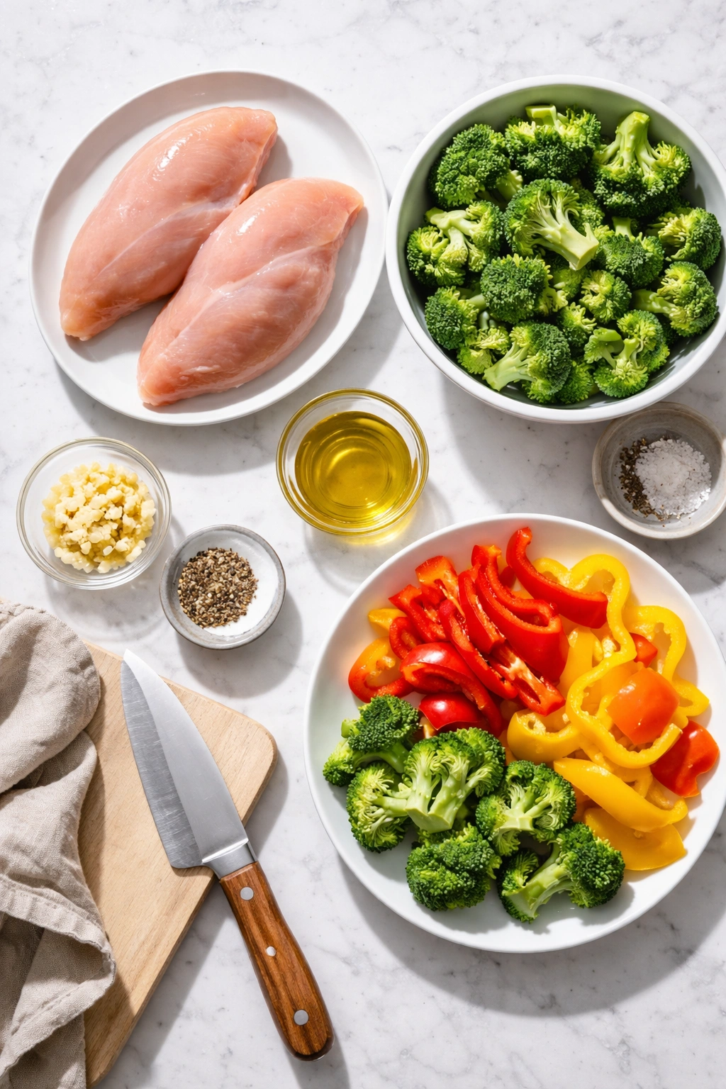 Mise en place for quick high-protein dinner with chicken, peppers, broccoli, garlic, and oil