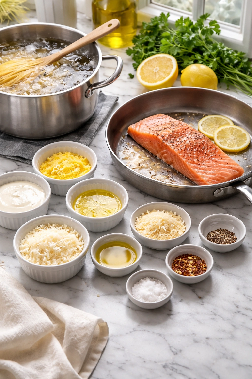 Mise en place with bowls of garlic and lemon next to pasta pot and salmon