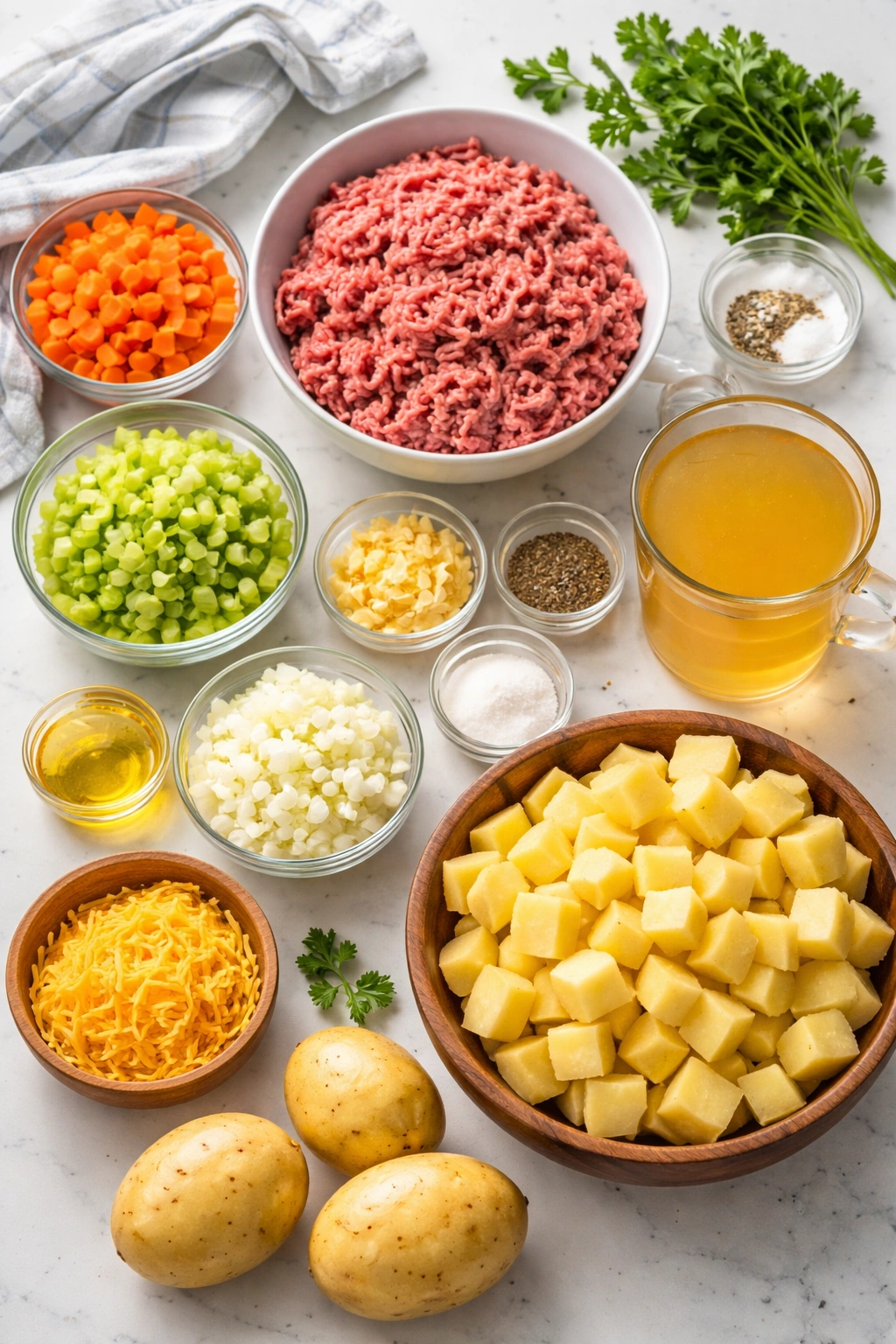 Mise en place of soup ingredients on bright counter