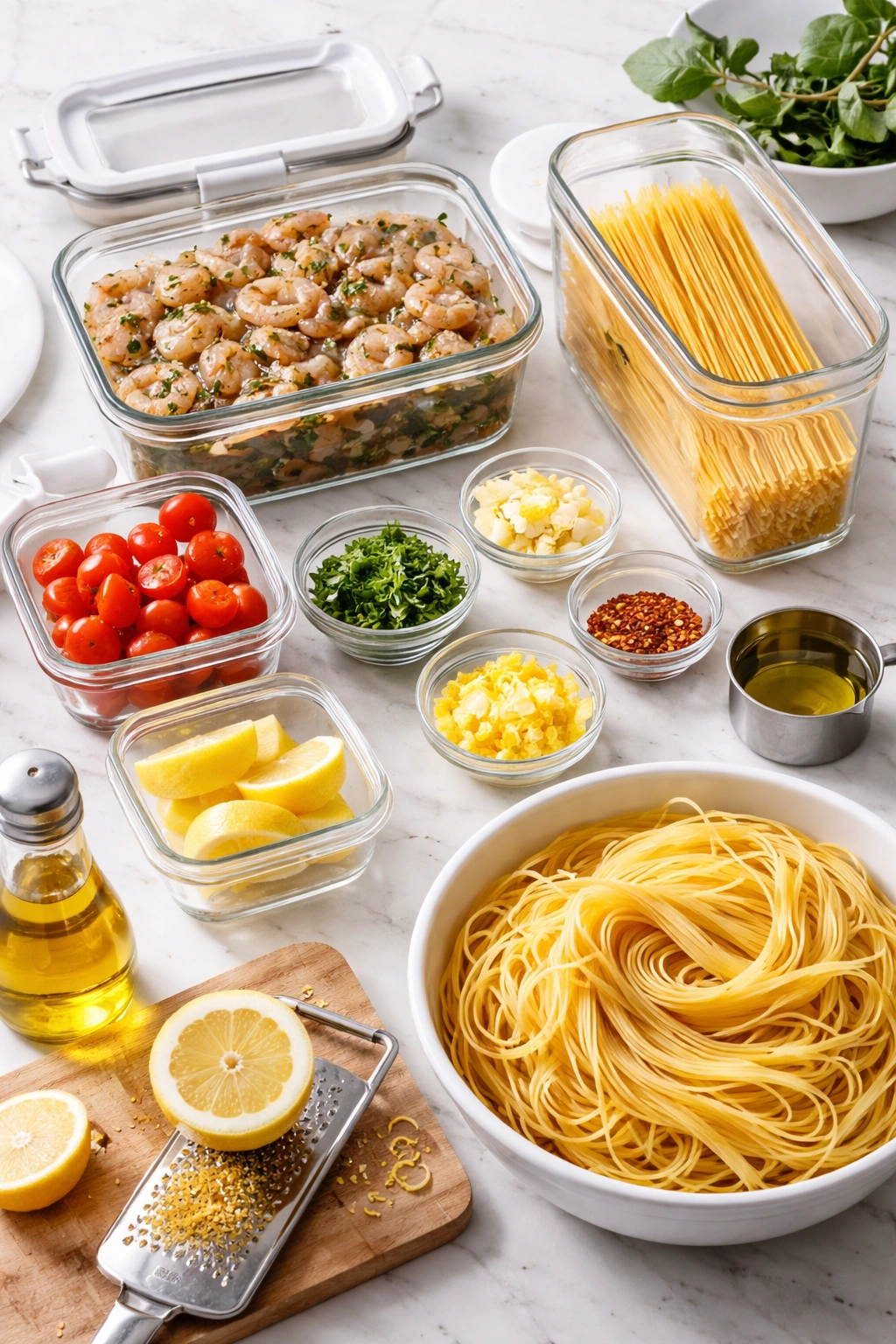 Organized prep area with containers and prepped ingredients for shrimp pasta
