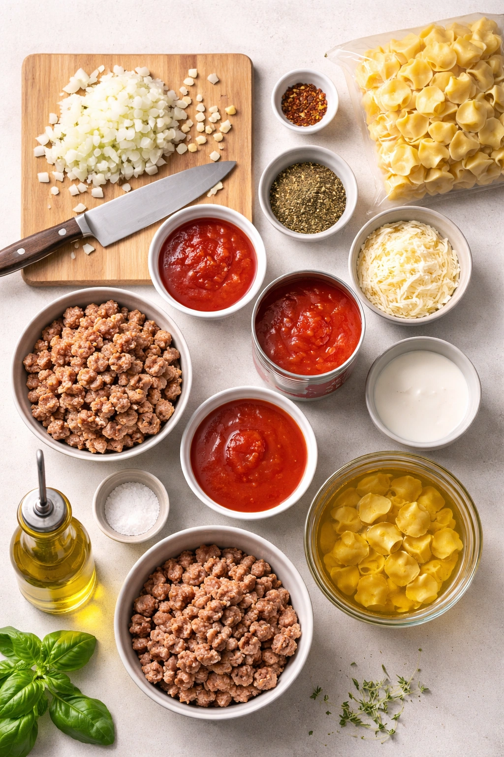 Organized mise-en-place with prepped aromatics and pasta ready for swift cooking.