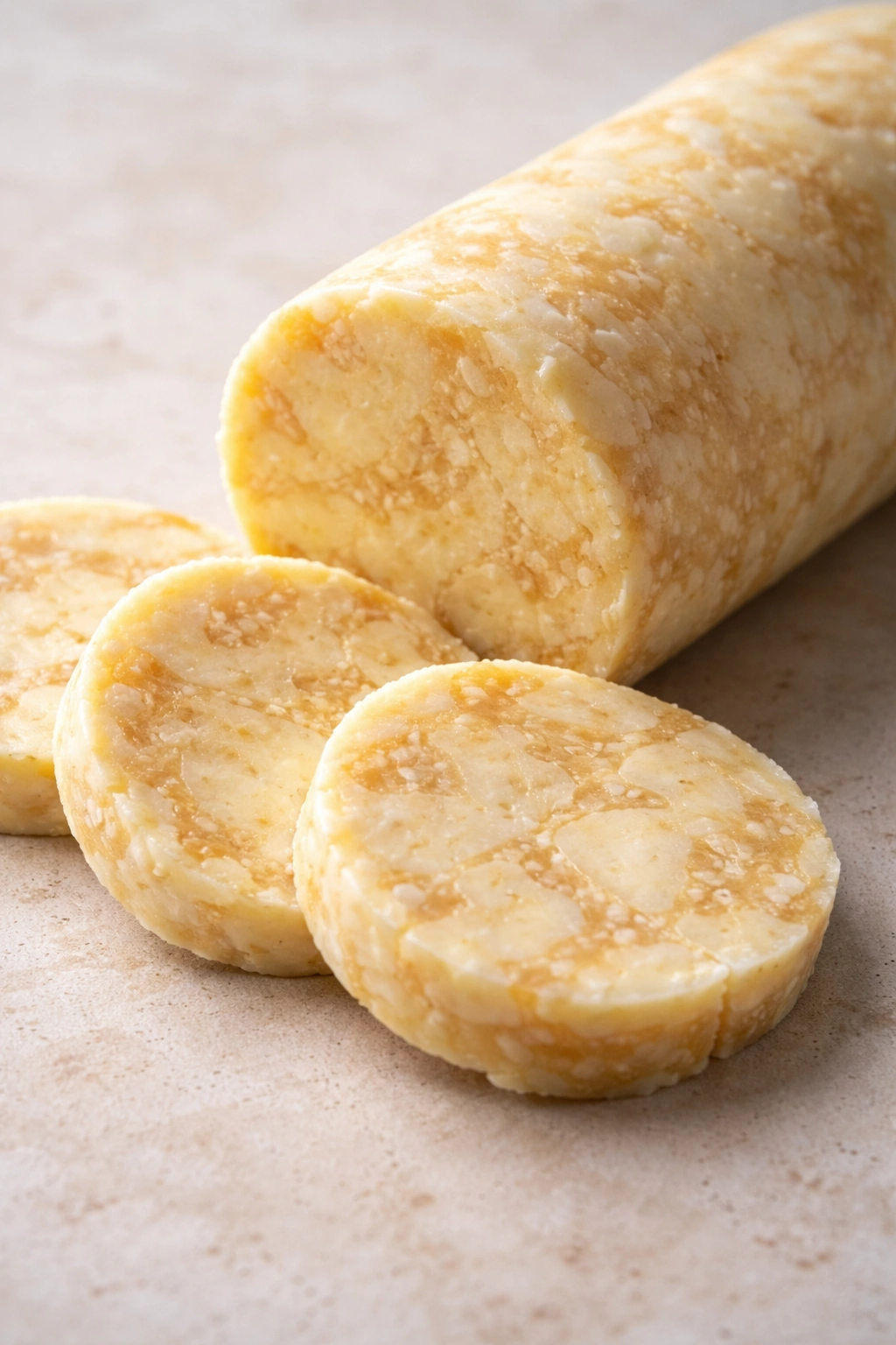 Miso butter log sliced into rounds on a clean surface