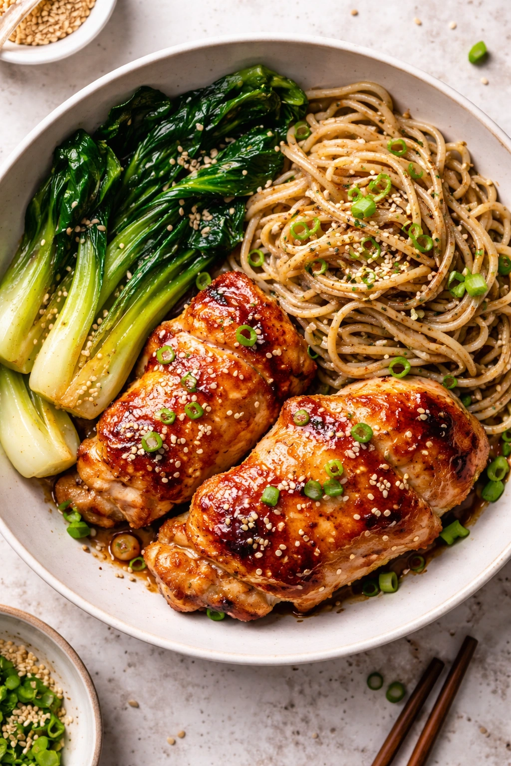 Miso-glazed chicken with bok choy and sesame noodles on plate
