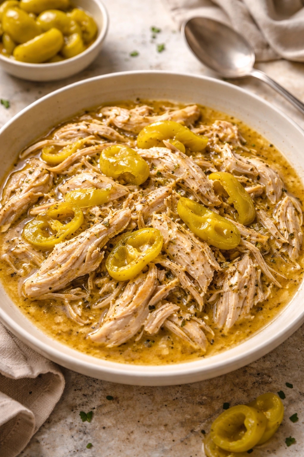 Mississippi chicken with pepperoncini in a bowl