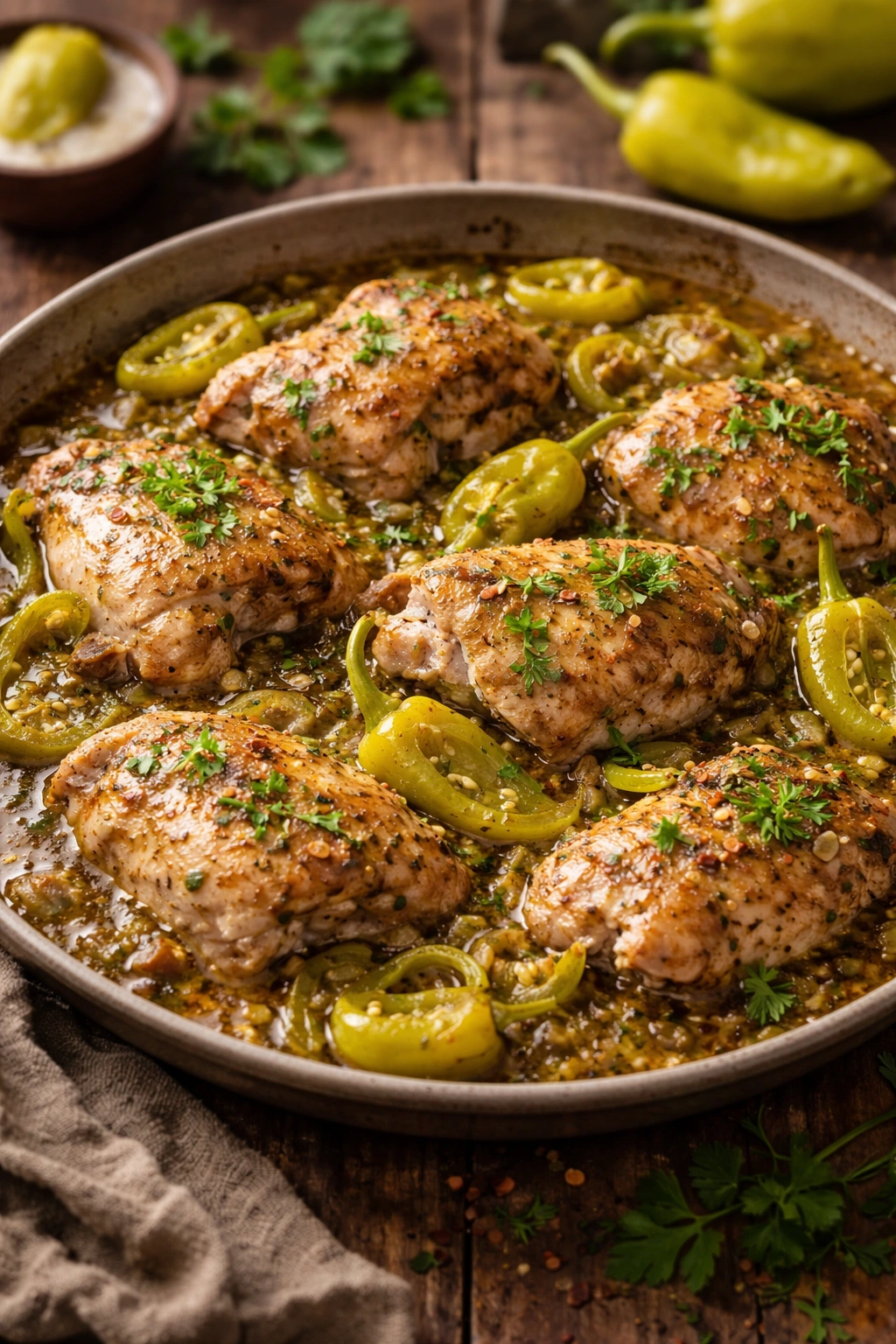 Mississippi chicken with pepperoncini and herbs in rustic dish