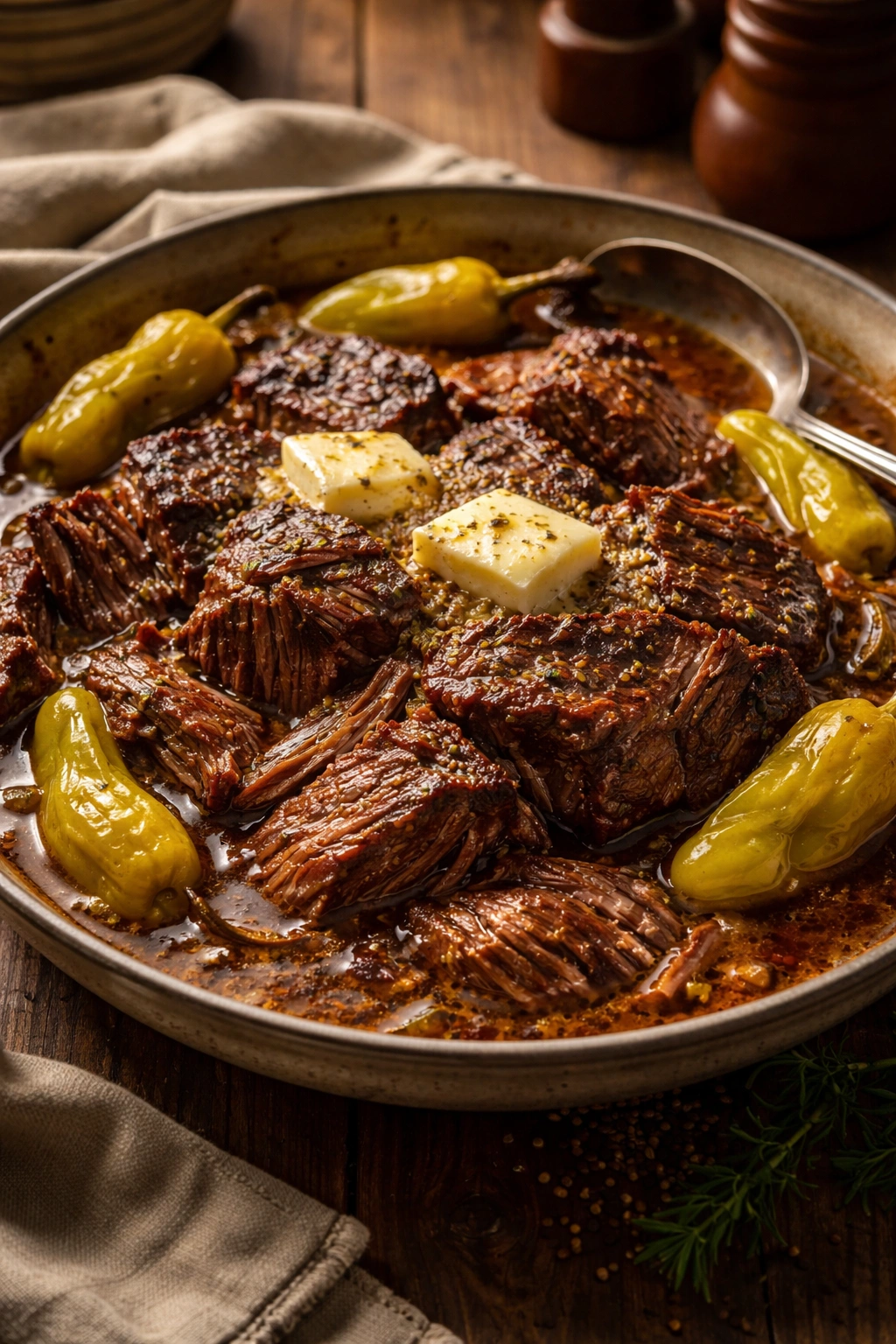 Braised Mississippi pot roast with butter and peppers in sauce