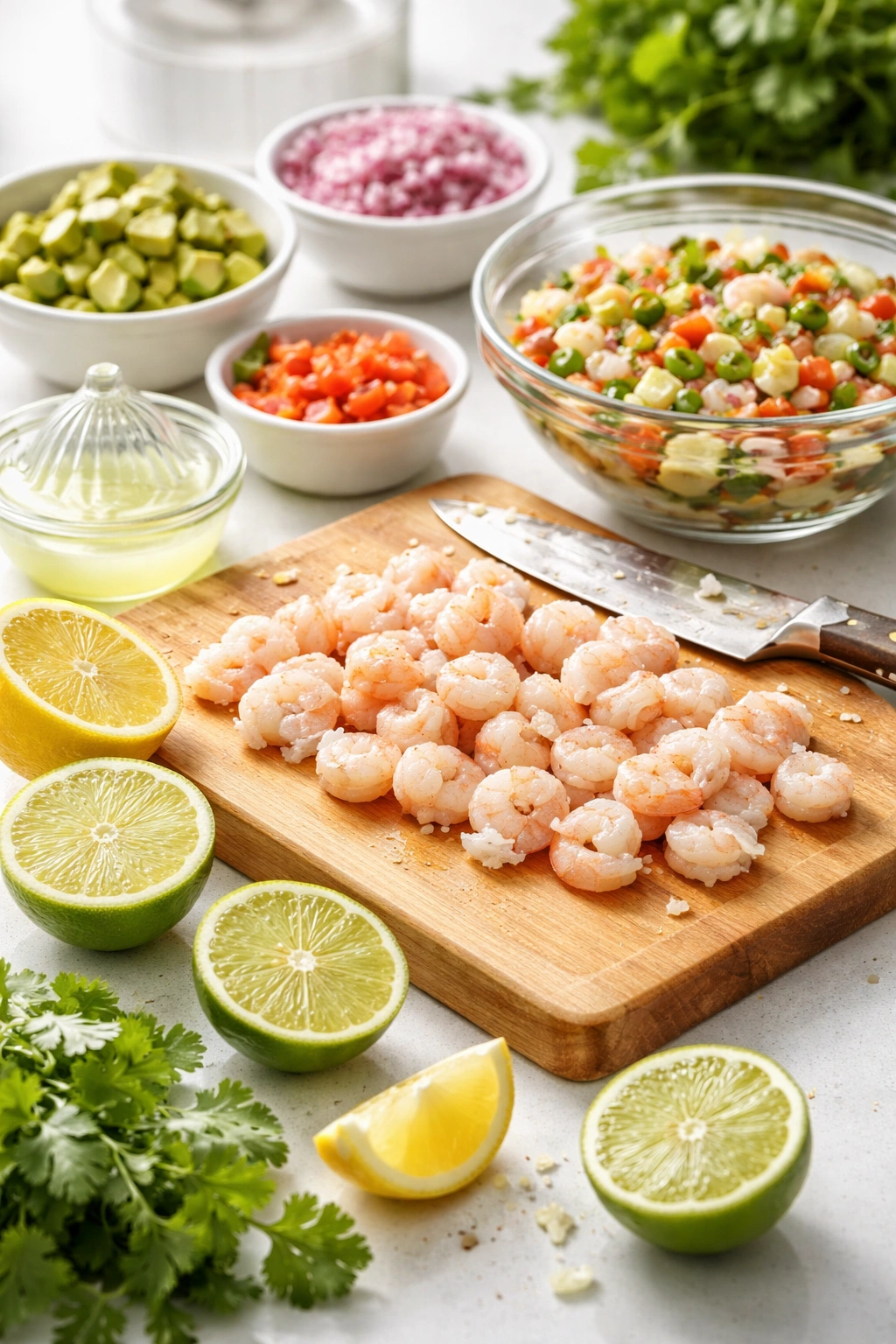 Close-up of uniformly sized shrimp and fresh citrus for proper ceviche prep