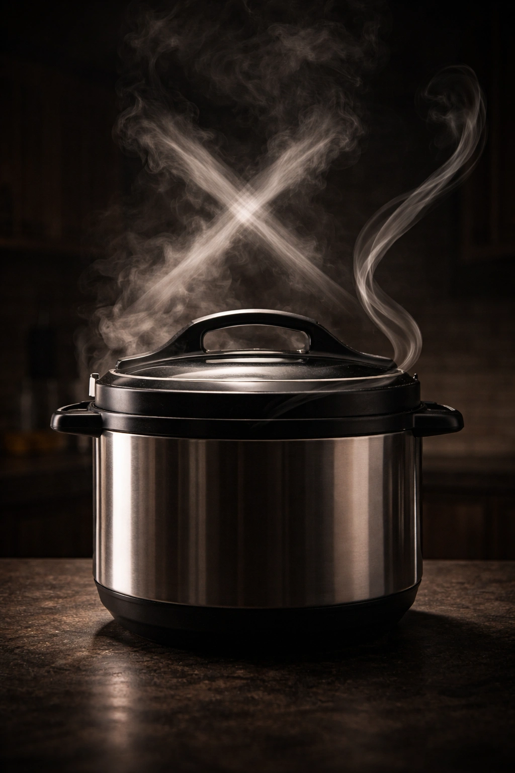 Pot silhouette with abstract steam representing common chili-mistakes in a moody kitchen