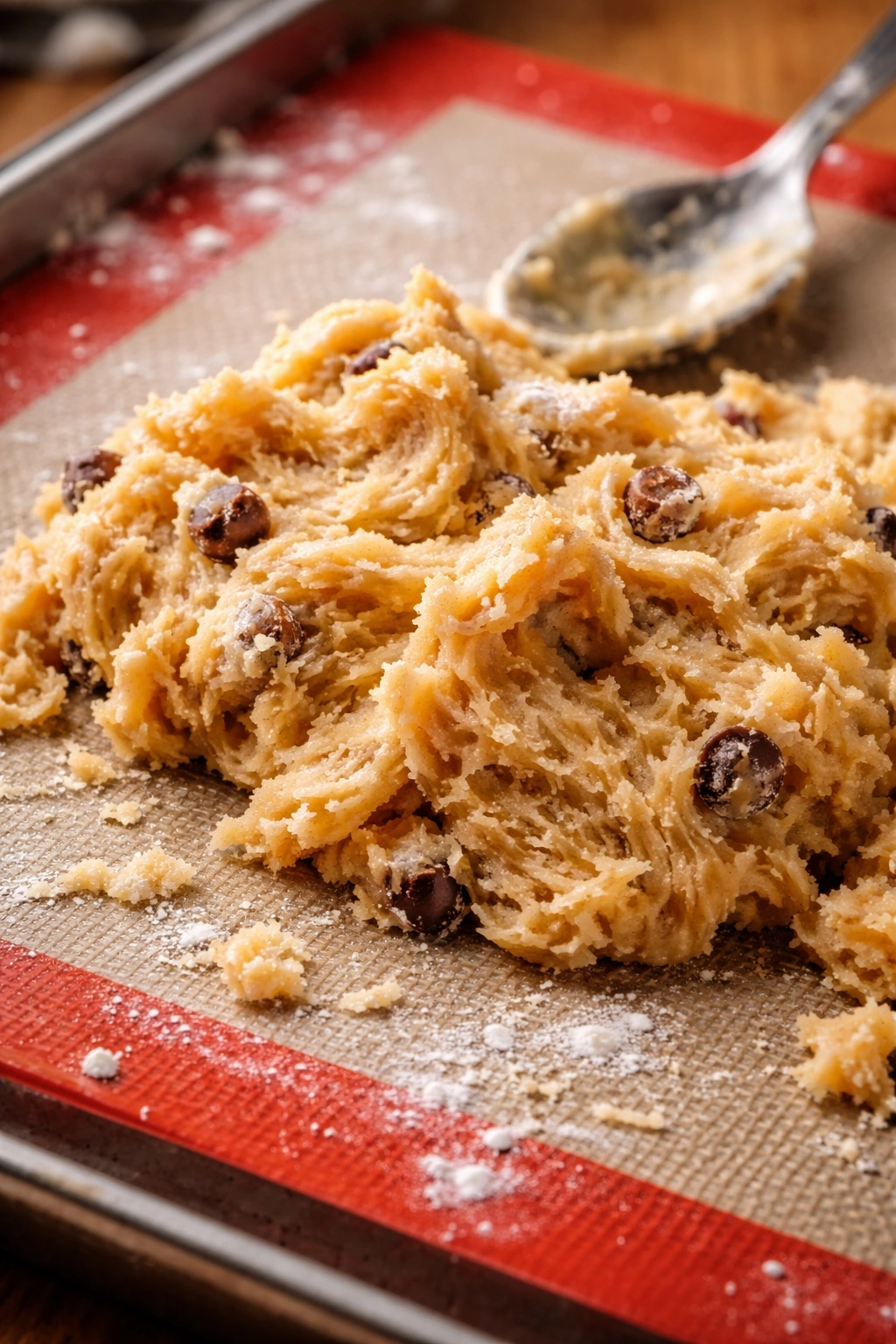 Close-up cookie dough showing uneven texture and dough lumps