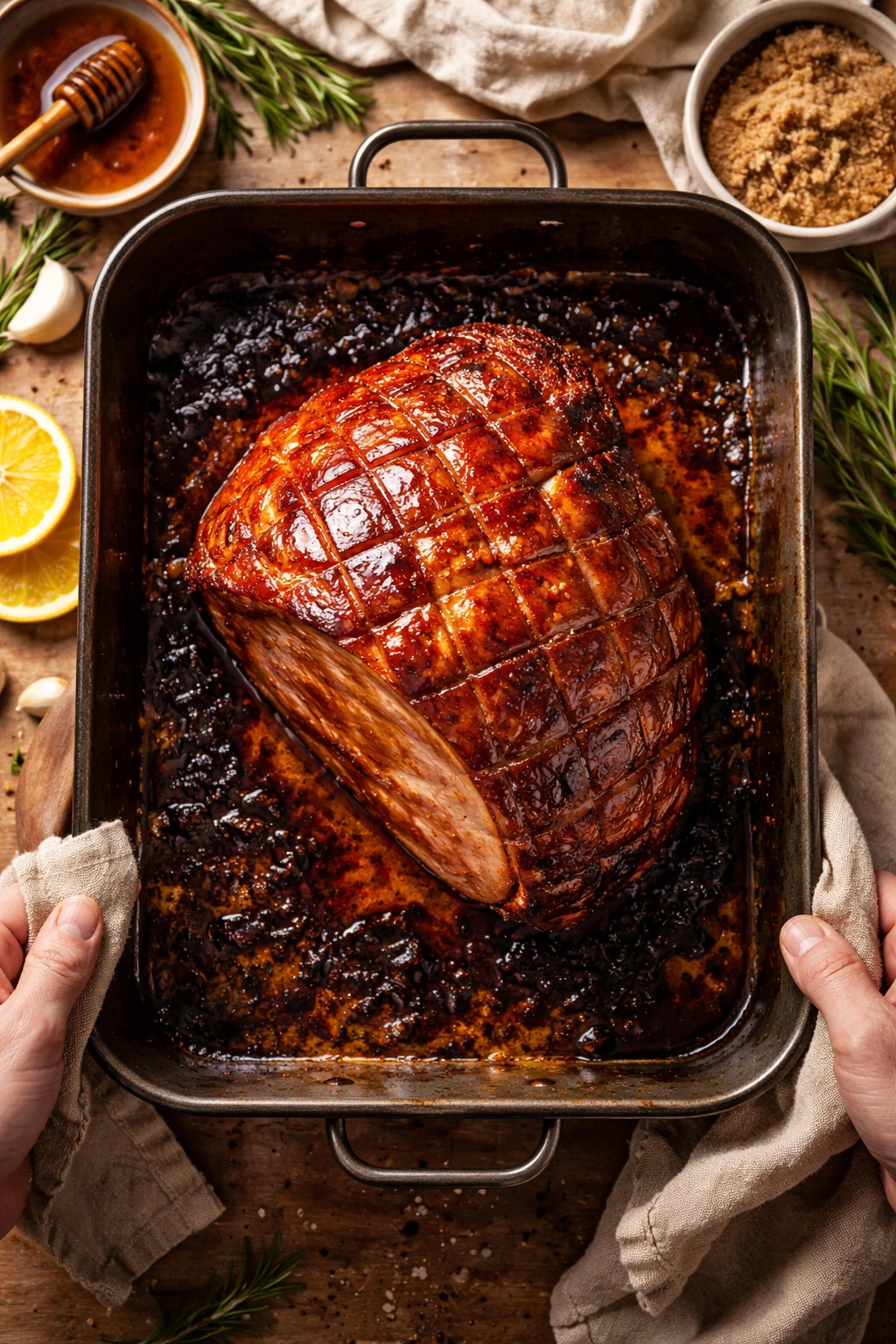 Pan with burnt glaze at bottom and glossy glaze on ham surface