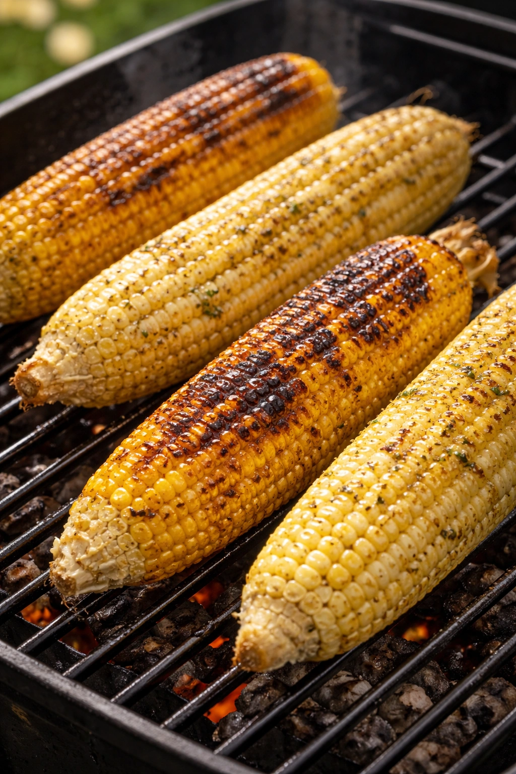 Corn on the cob with half charred and half pale kernels on a grill