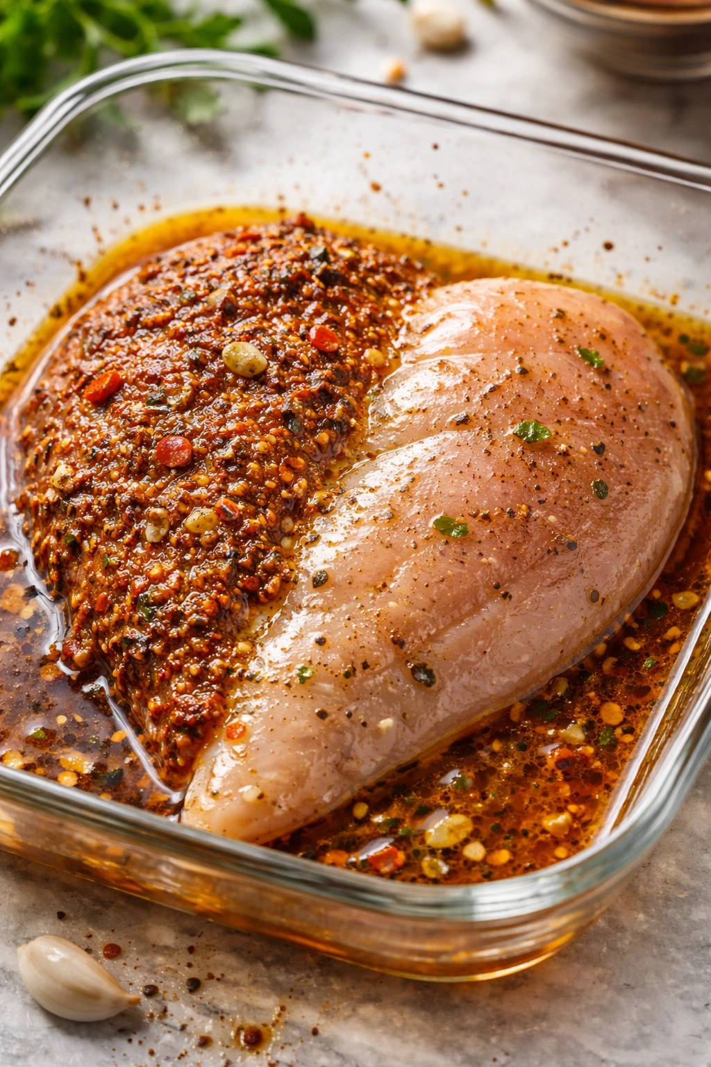 Chicken breast with uneven marinade coating showing common mistakes