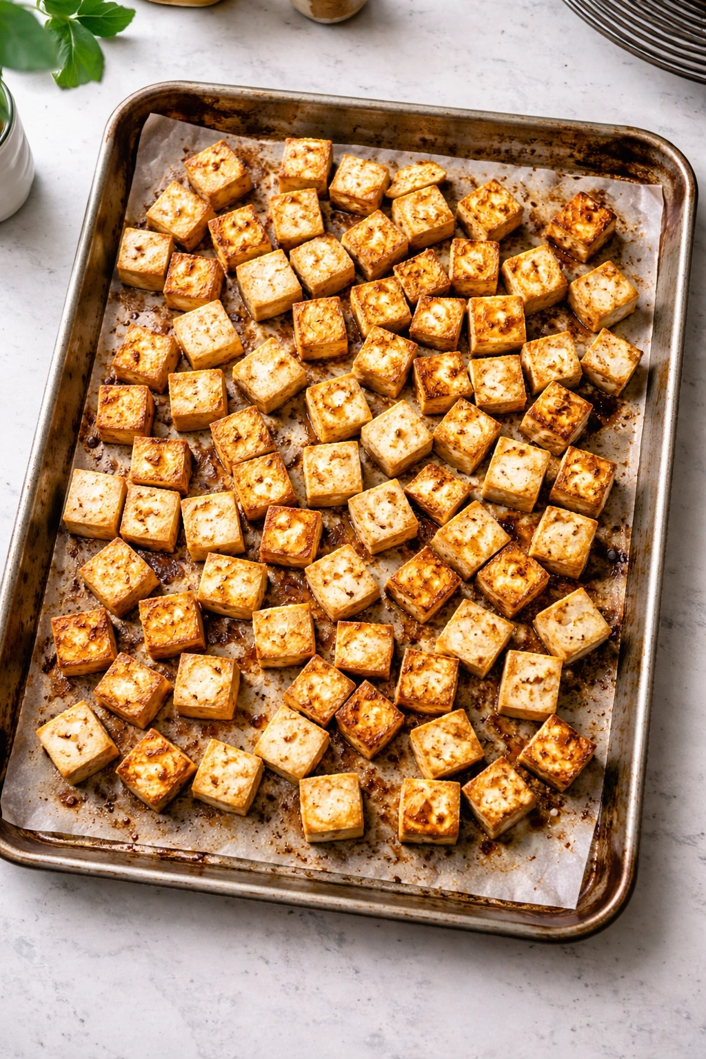 Overcrowded baking sheet with touching tofu for crispy outcomes