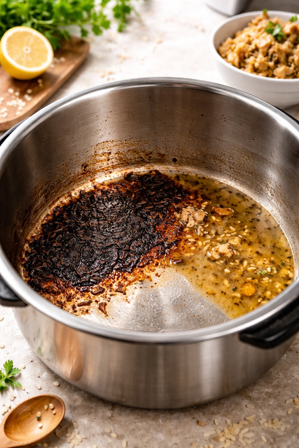 Close-up of a burnt pan bottom with broth pooling nearby
