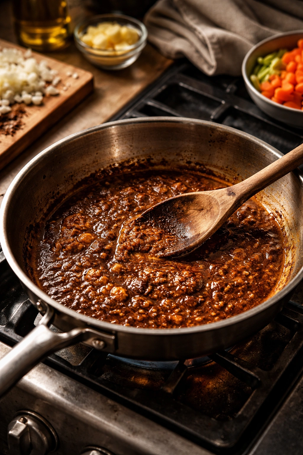 Roux in a pan that's darker than ideal, illustrating a common mistake