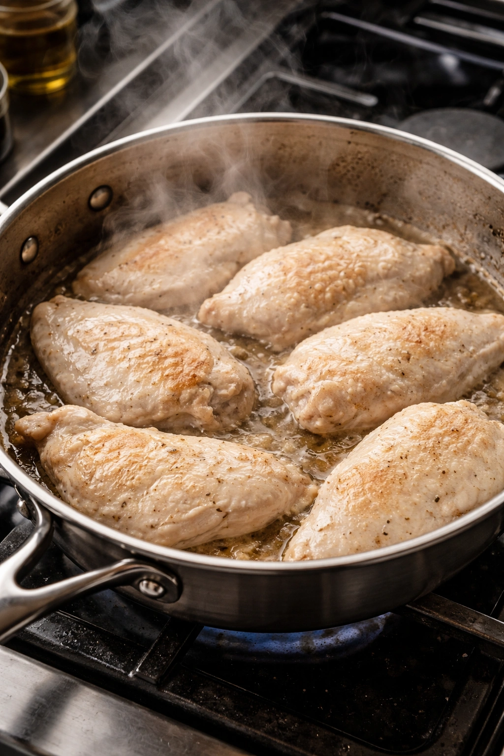 Close-up of pale under-seared chicken in a pan, illustrating common mistakes