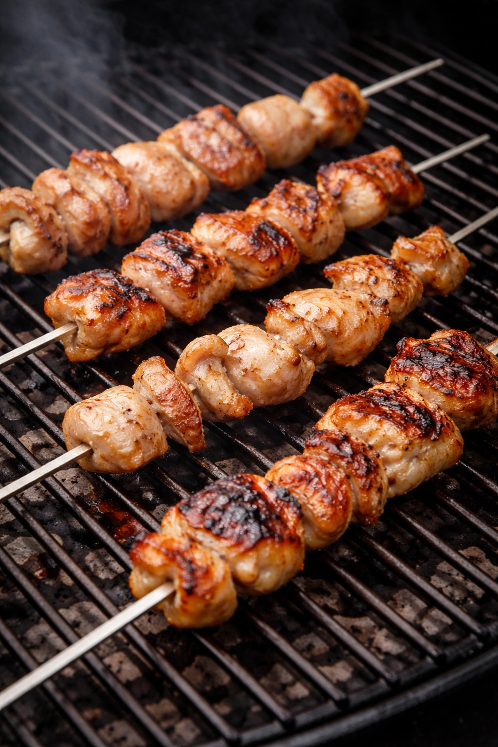 Unevenly sized chicken pieces on skewers with uneven browning