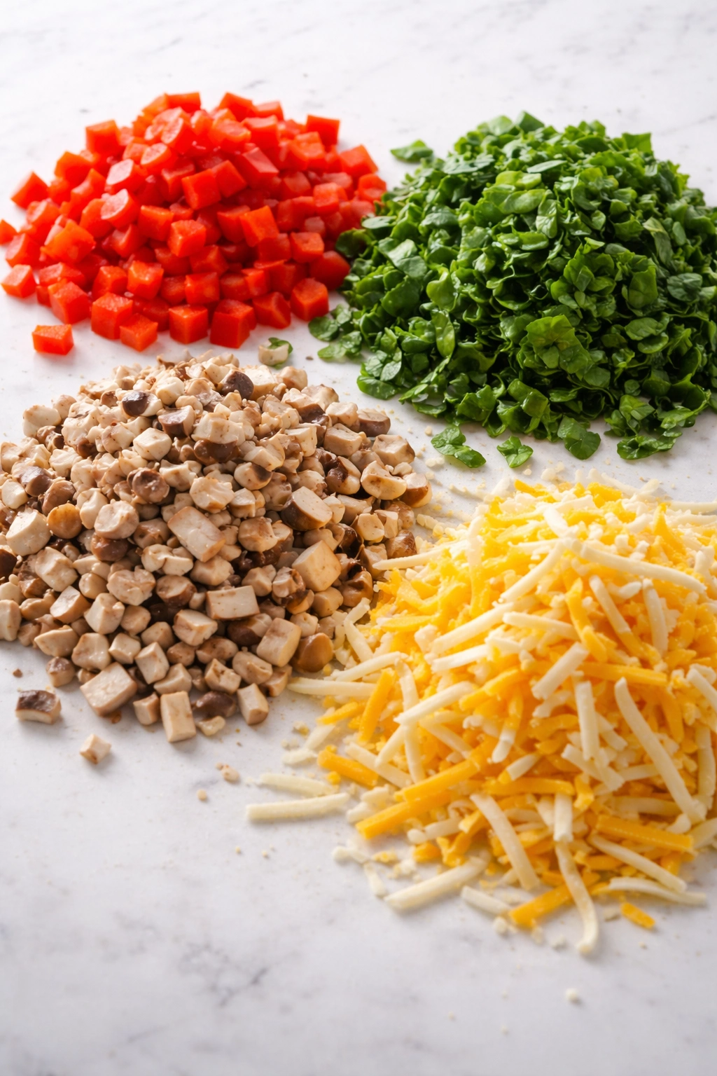 Colorful piles of diced peppers, spinach, mushrooms, and cheese showing mix-ins