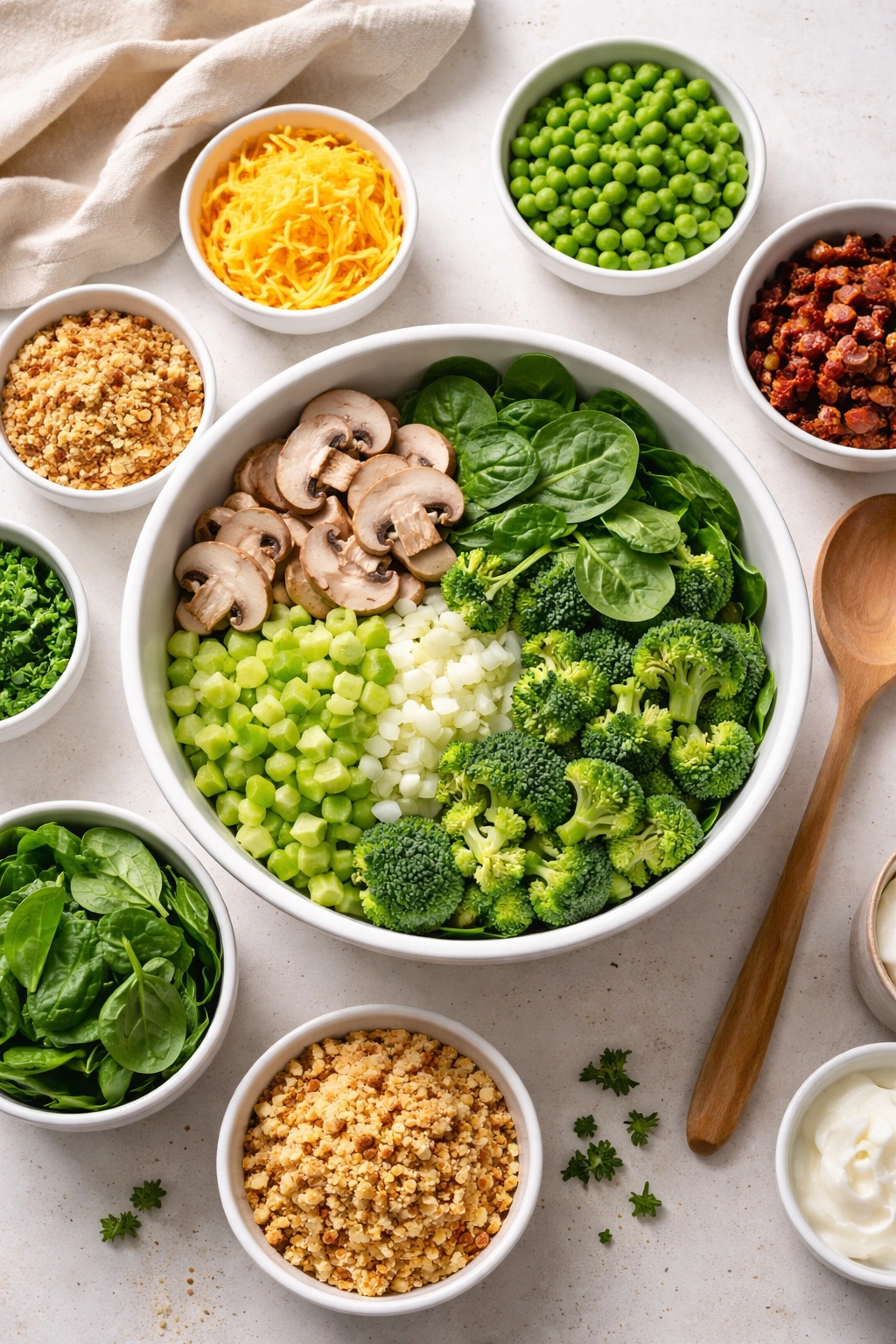 Assortment of mix-ins for tuna casserole including mushrooms, celery, onion, spinach, and broccoli