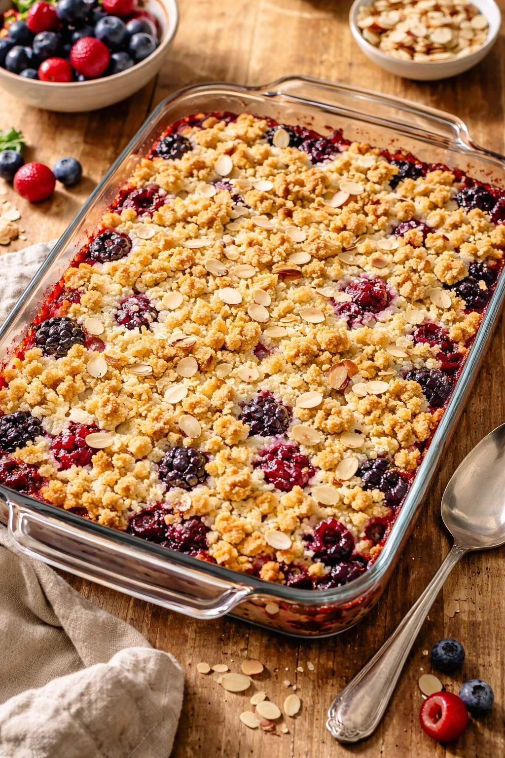 Close-up of mixed berry dump cake with almond crumb topping in a glass baking dish