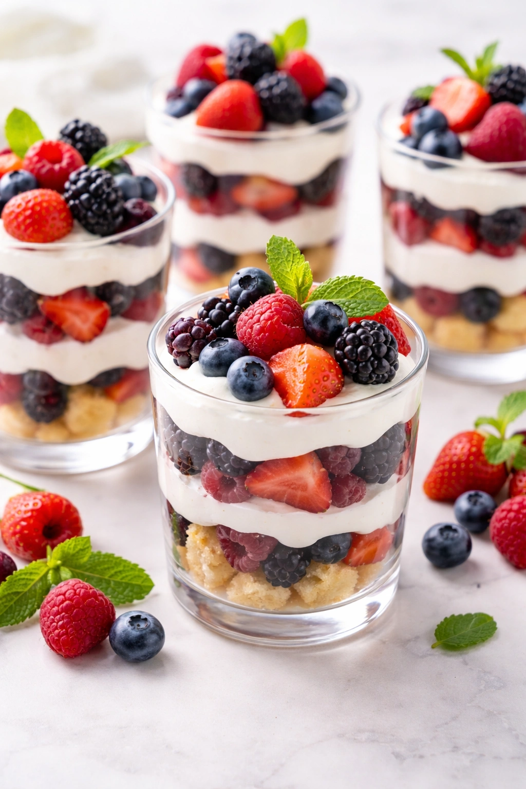Layered mixed berry trifle in clear glasses showing cake, berries, and whipped cream