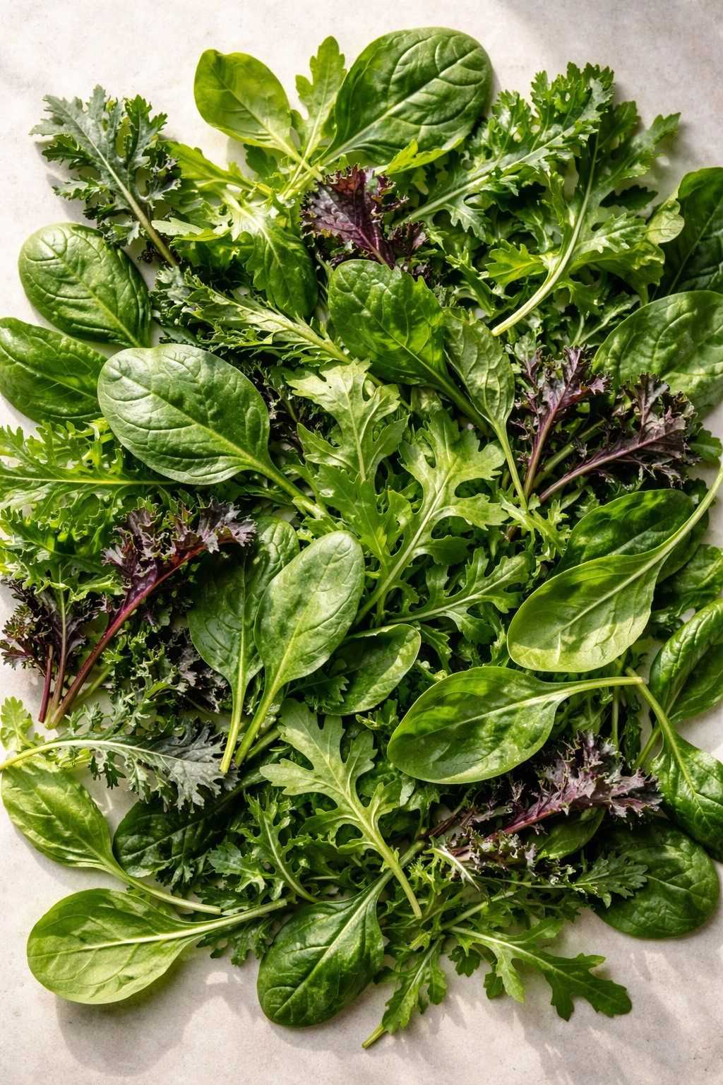 Close-up of mixed greens spinach arugula and baby kale