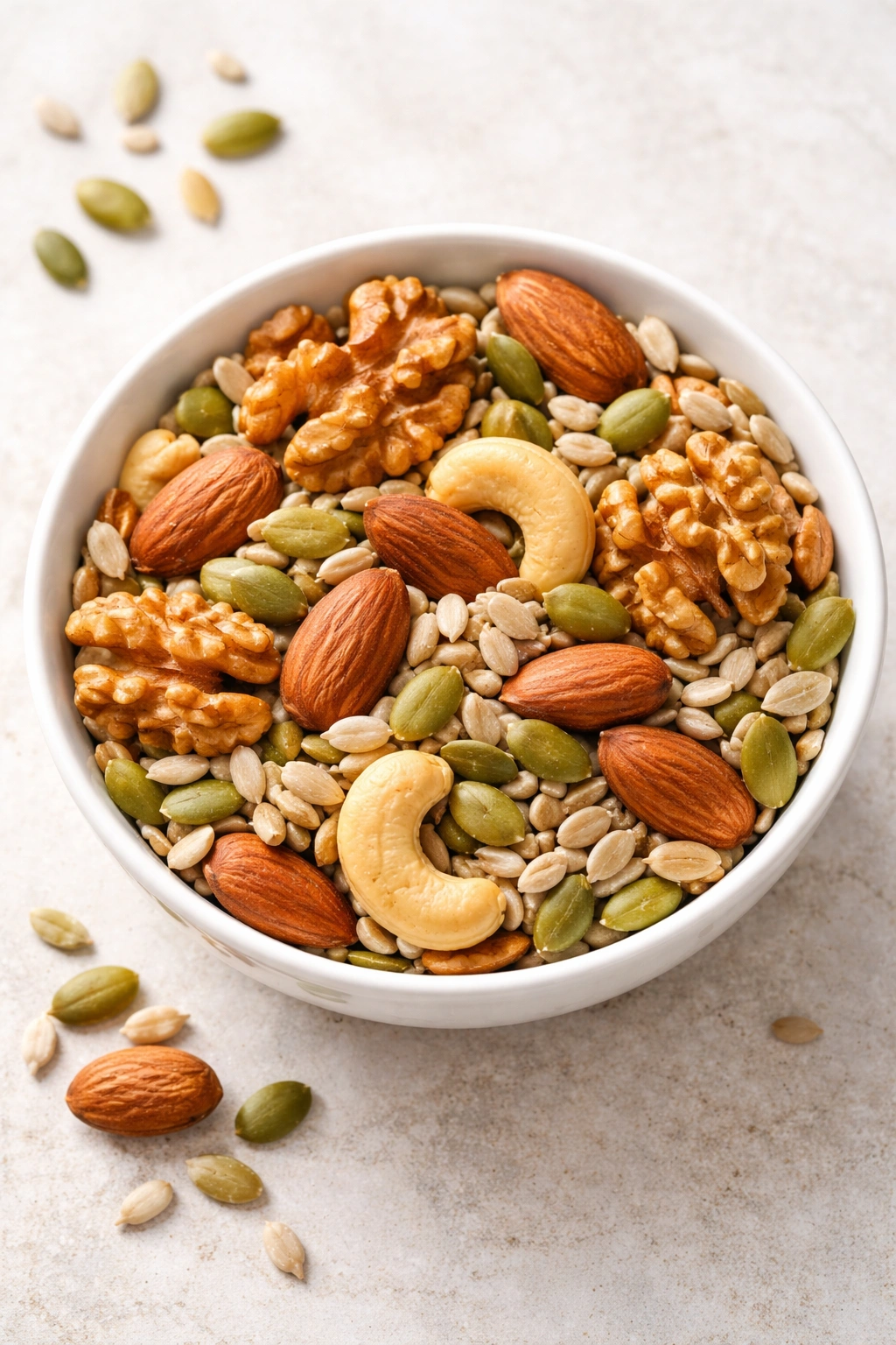 Assorted mixed nuts and seeds in a small bowl