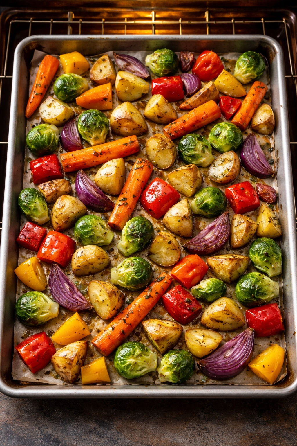 Sheet pan with mixed vegetables ready to roast