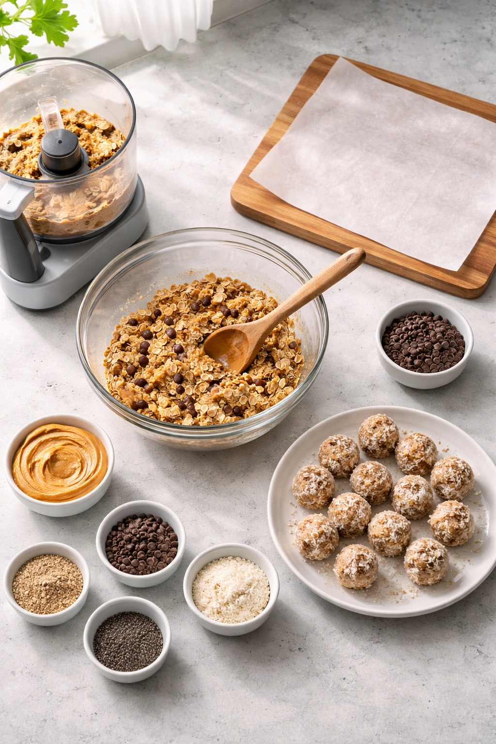 Kitchen tools for energy ball prep: bowl, spoon, parchment