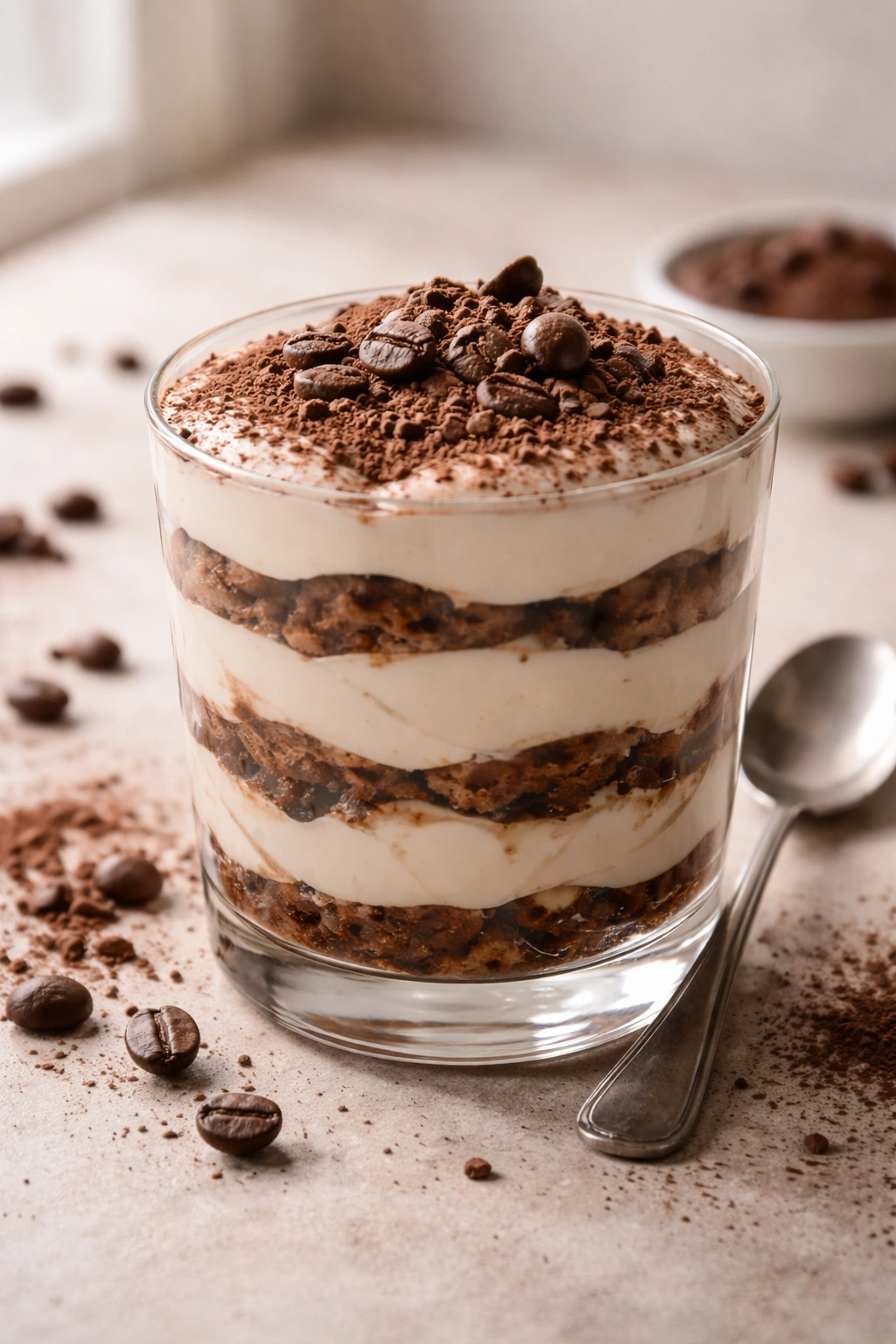 Close-up of mocha tiramisu showing mascarpone layers and cocoa dusting.