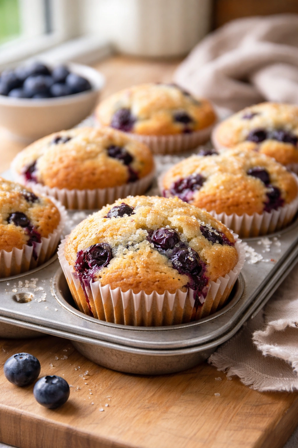 Close-up of moist blueberry muffins with tender crumb and blueberries on a wooden counter