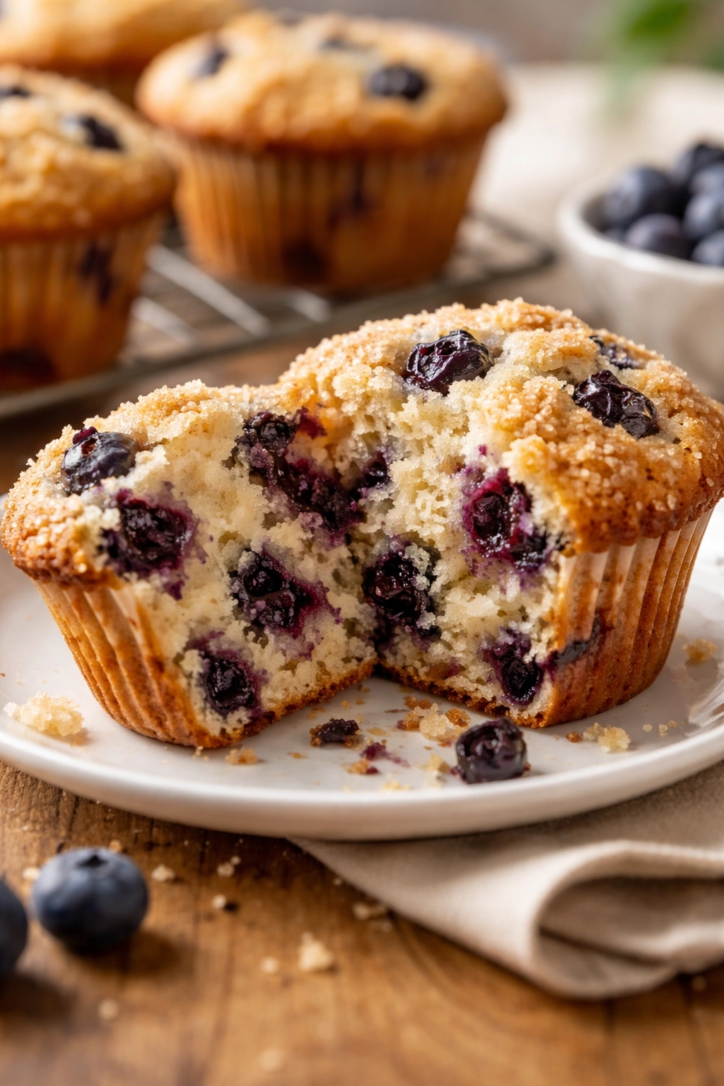 Close-up of a moist blueberry muffin with glossy crumb on a white plate