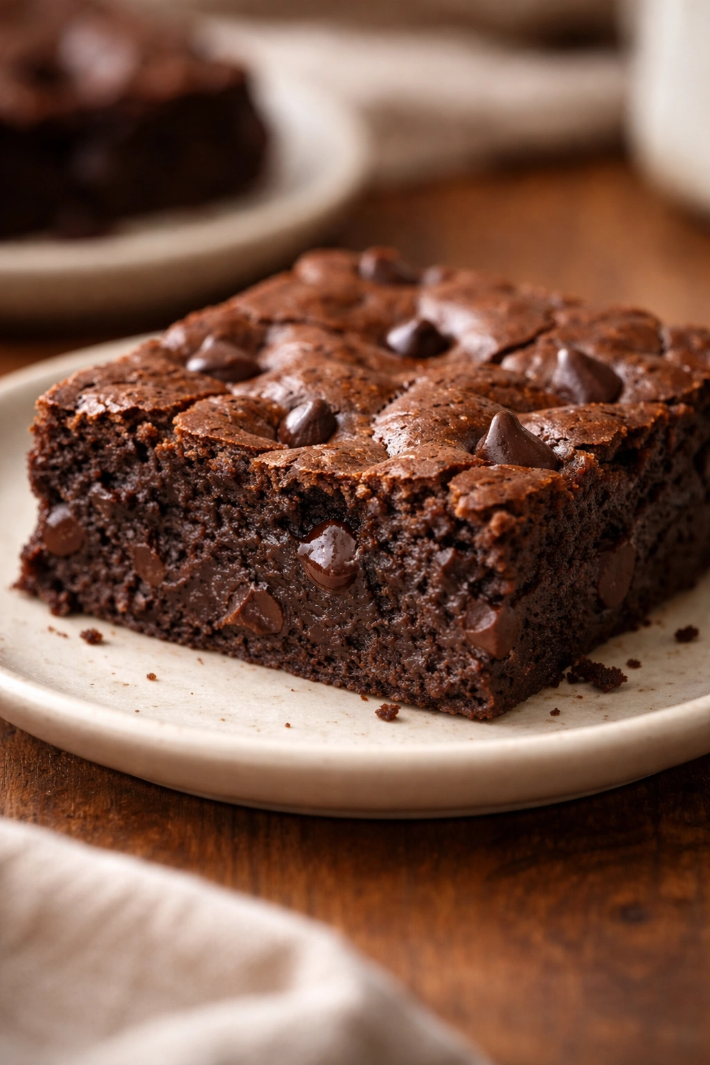 Rich chocolate brownie close-up with moist interior