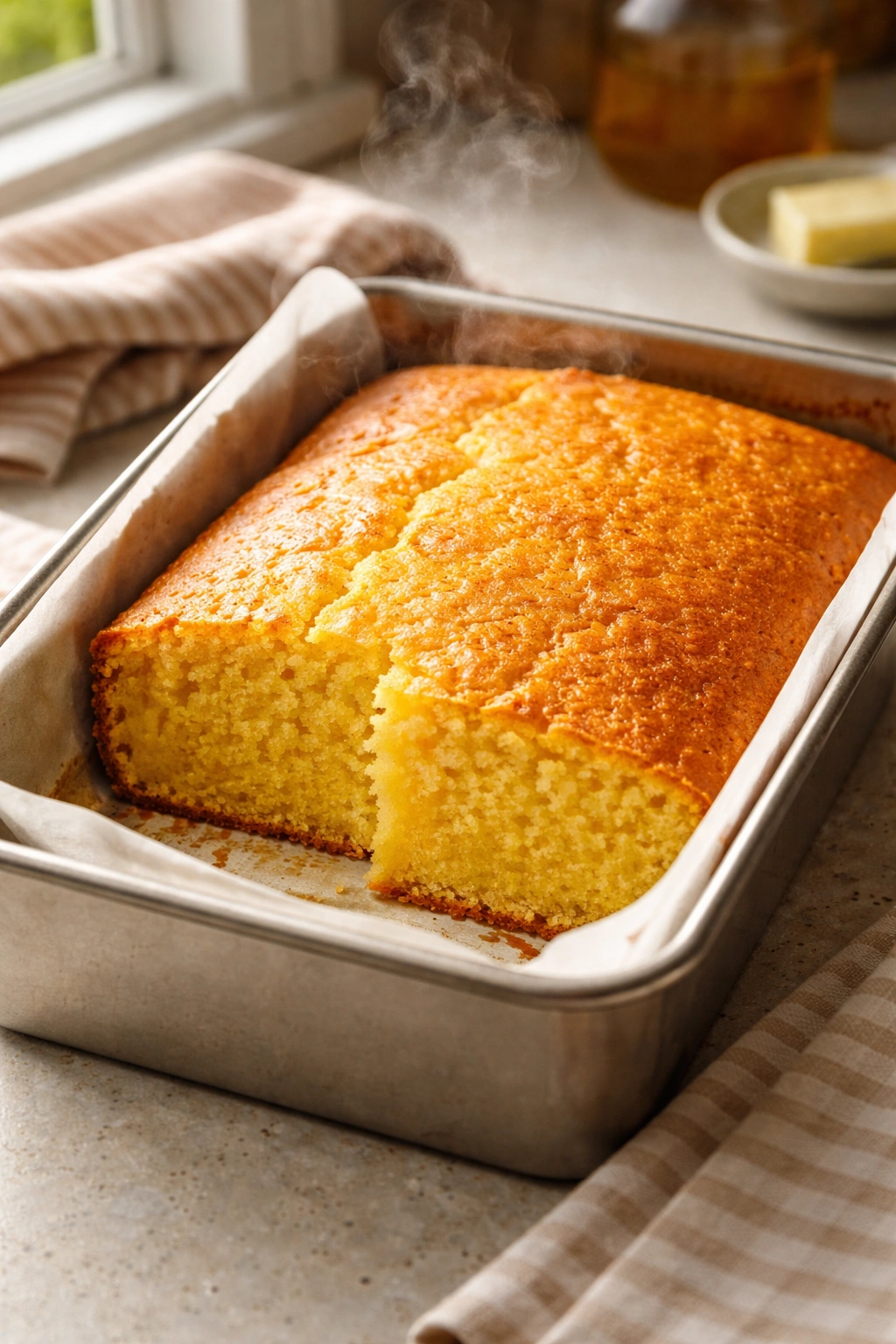 Freshly baked moist cornbread loaf cooling in pan.