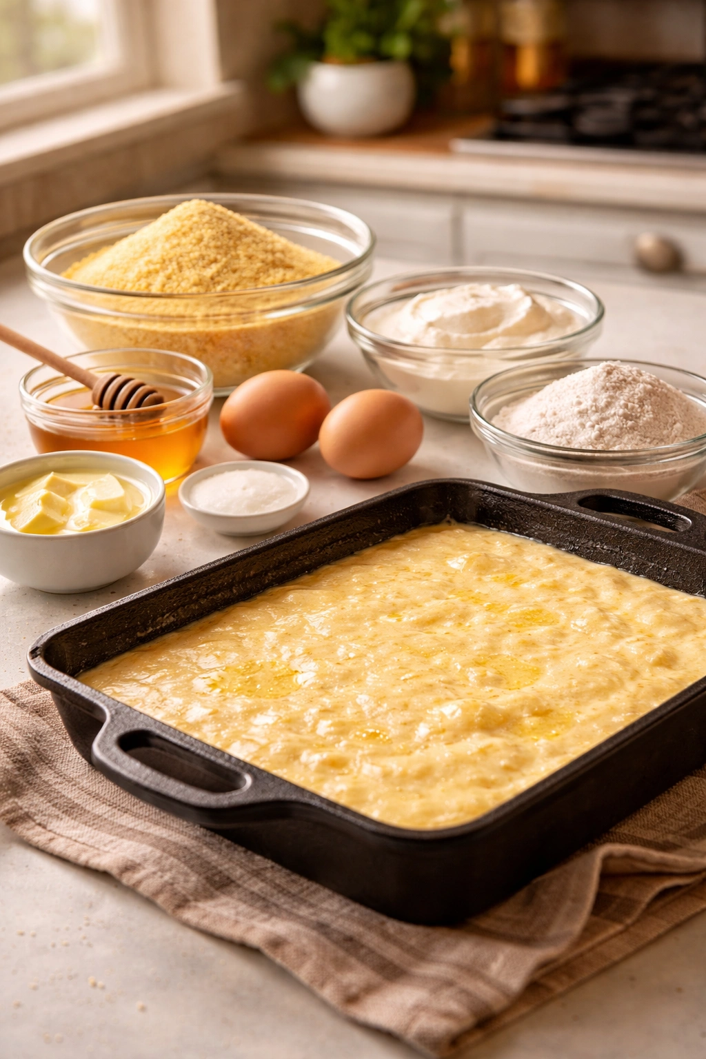 Aromas implied by room-temperature ingredients and hot pan for moist cornbread