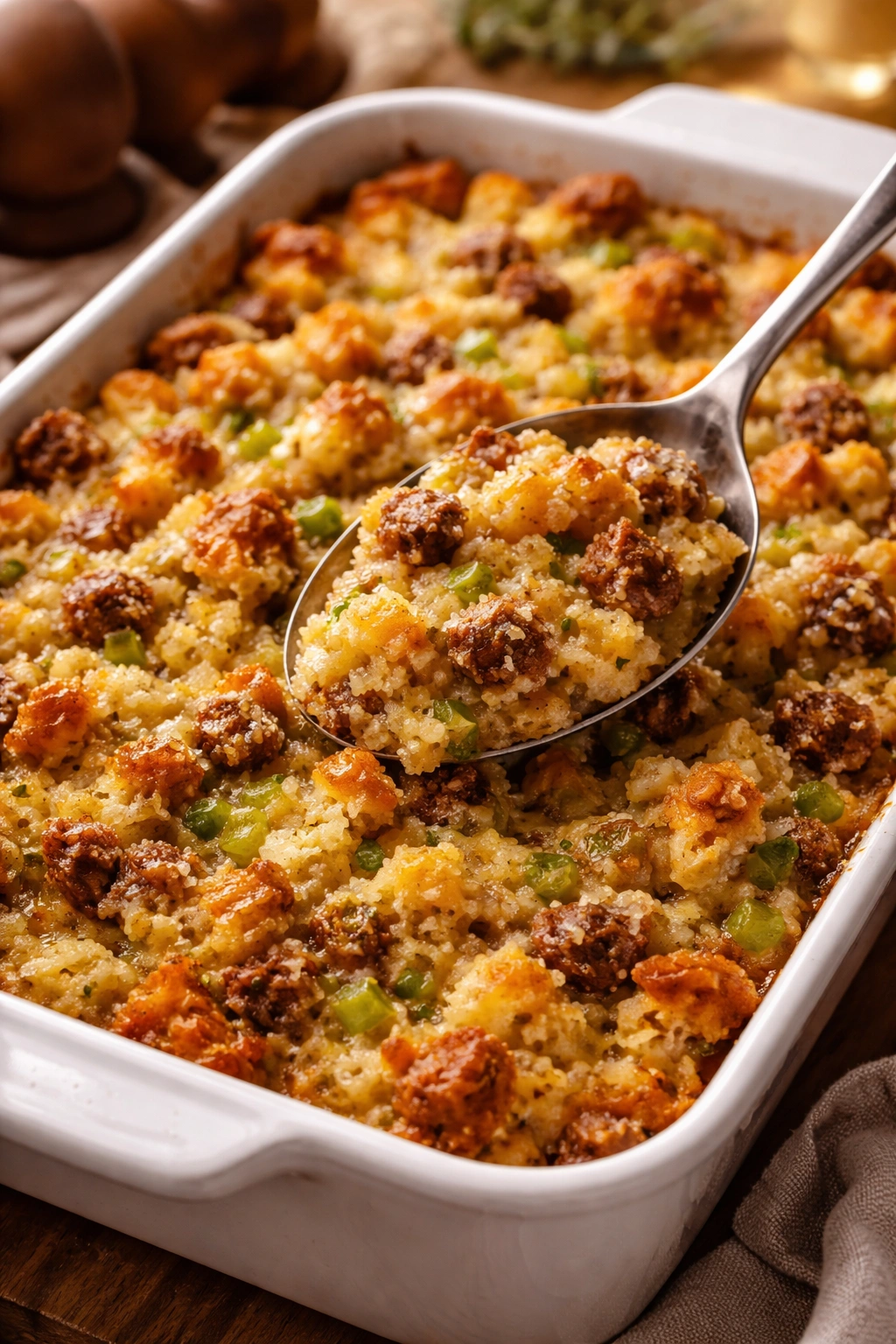 Moist cornbread dressing in a baking dish with a glossy surface