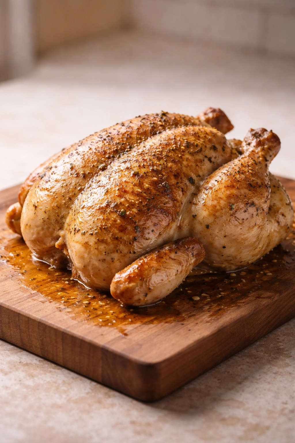 Close-up of moist, tender whole chicken on a wooden cutting board